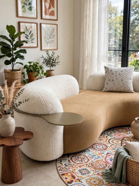 Curved Sofa - White Bouclé Arms with Tan Seat