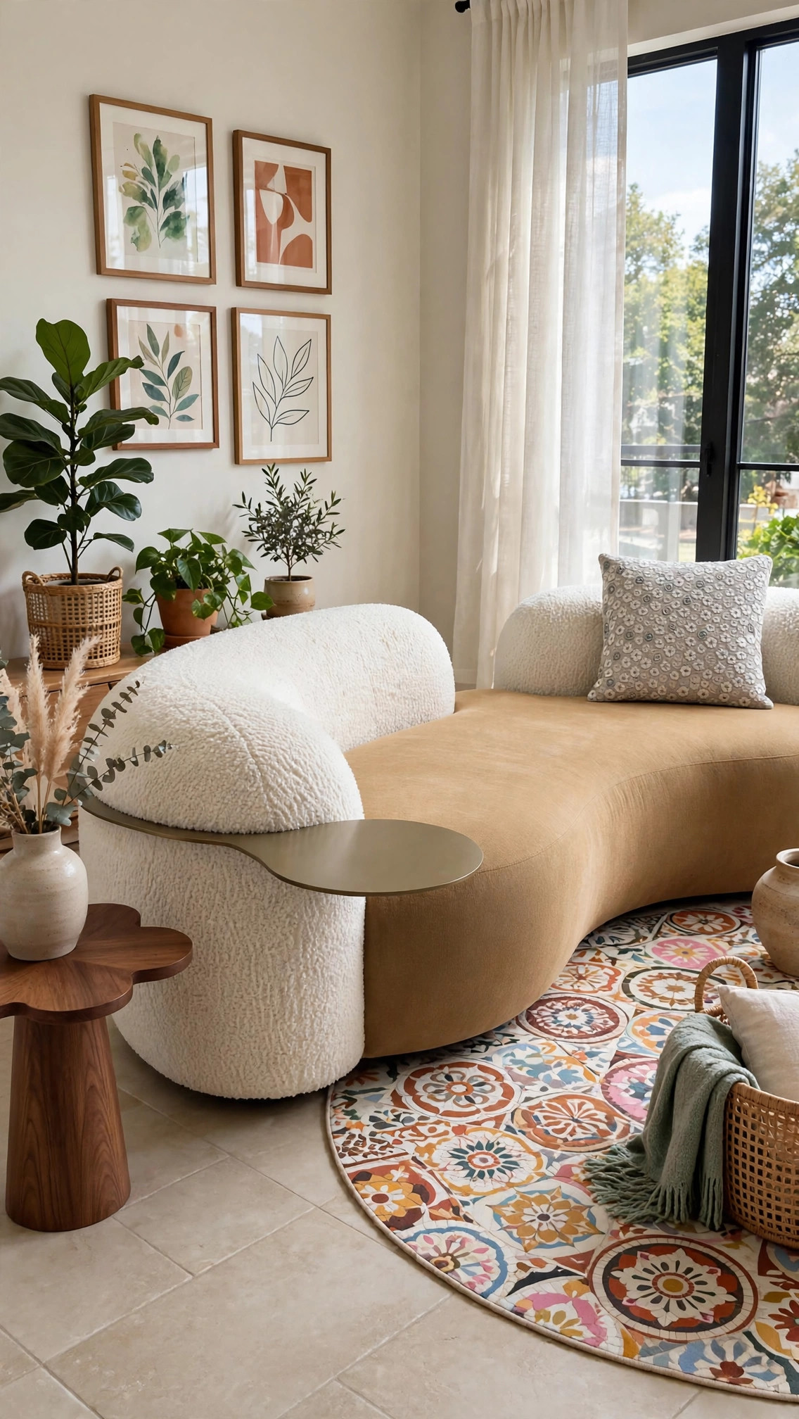 Curved Sofa - White Bouclé Arms with Tan Seat